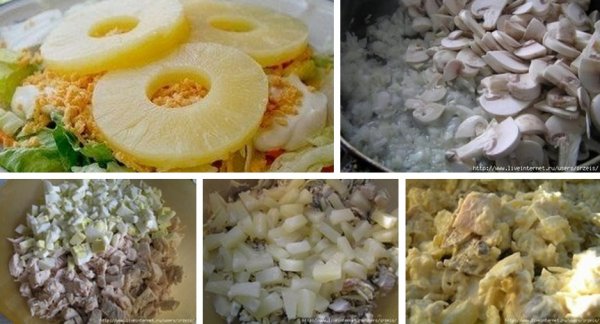 Салат из курицы с ананасами, грибами и сыром