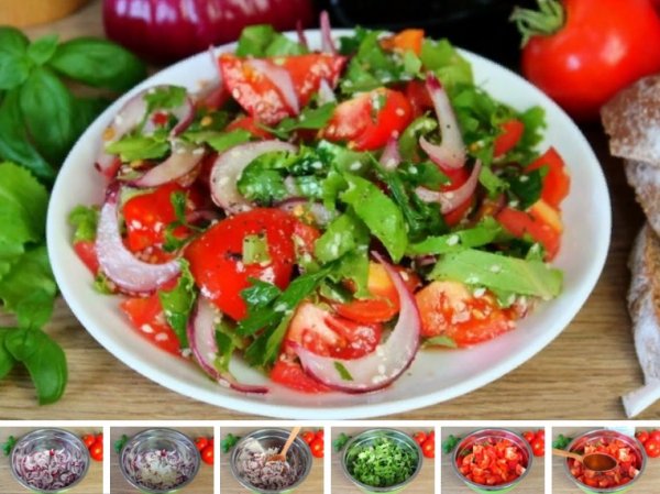 Салат из помидоров с красным луком и кунжутом